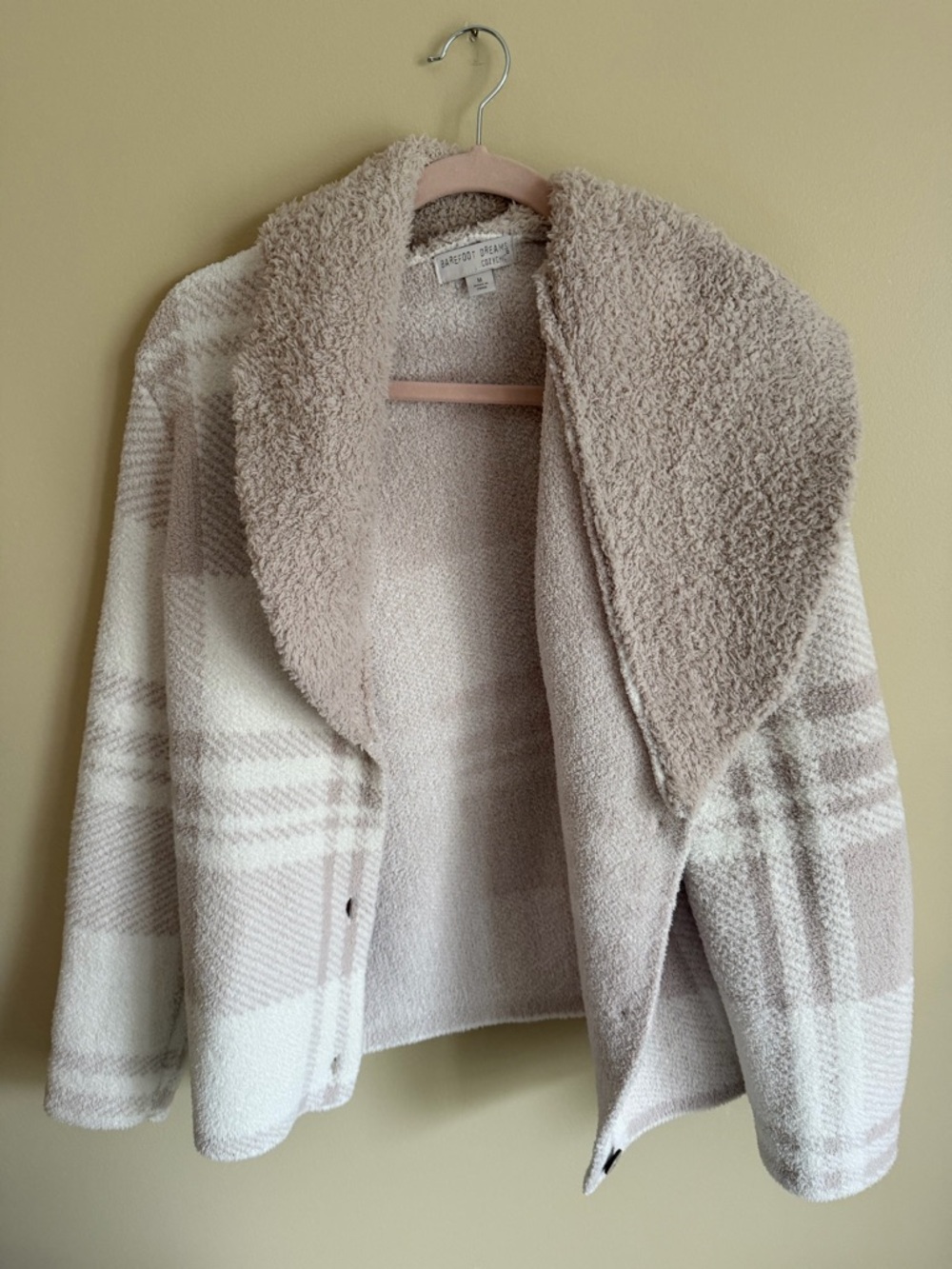 Barefoot Dreams Plush Shawl-Collar Teddy Jacket in Cream and Taupe